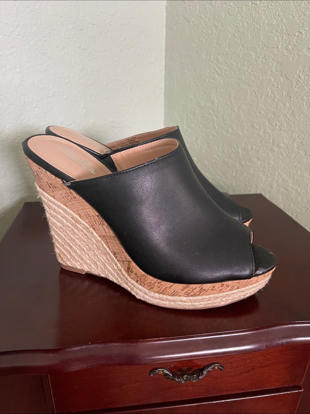 Charles David Black Peep-Toe Wedge Espadrille Mule